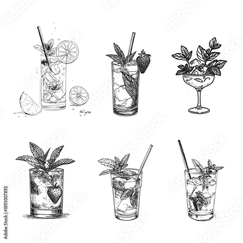 Mojito cocktails bar doodle icon set