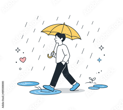 Peaceful Rain Walk. Umbrella and rain elements. A person walking calmly under an open umbrella, light rain falling around and small puddles on the ground. The
