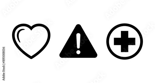 Three medical icons: heart, warning sign, and plus symbol in a circle