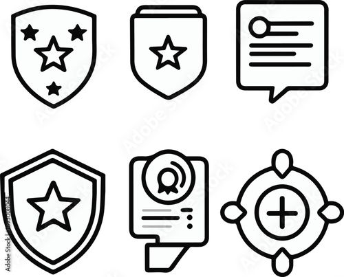 brand reputation objects, online review stars, reputation shield, negative feedback alert, response message bubble, trust badge icon, bold black thick outline line art 3