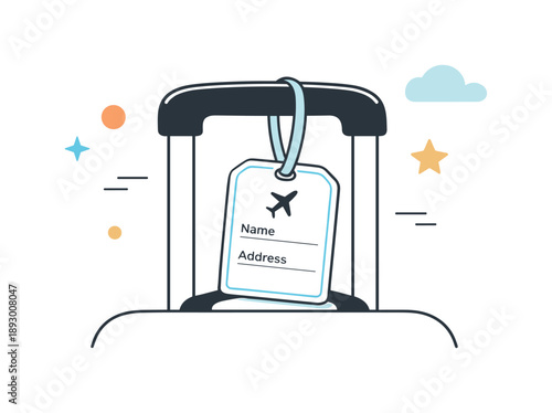 Minimal Luggage Tag Design. Luggage tags minimal. A simple luggage tag attached to a suitcase handle, calm travel mood and organized feeling. Clean composition