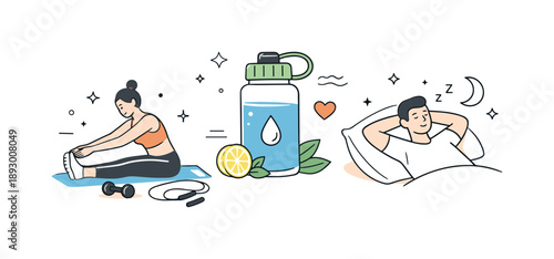 Holistic Fitness Habits. Healthy lifestyle goals. A balanced scene combining exercise, water bottle, and rest elements, showing holistic fitness habits. Calm