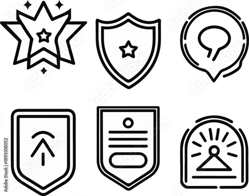 brand reputation objects, online review stars, reputation shield, negative feedback alert, response message bubble, trust badge icon, bold black thick outline line art 2