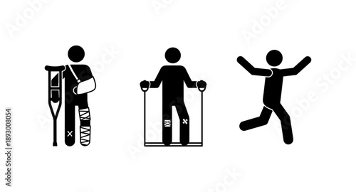 Stick figures showing recovery from injury to active lifestyle and rehabilitation