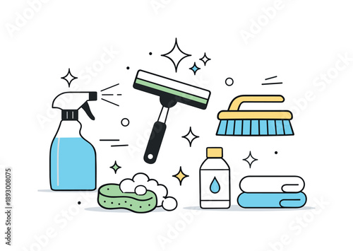 Modern Cleaning Solutions. Abstract home cleaning hack concept. Simplified cleaning tools and sparkles arranged in a balanced symbolic composition. The mood