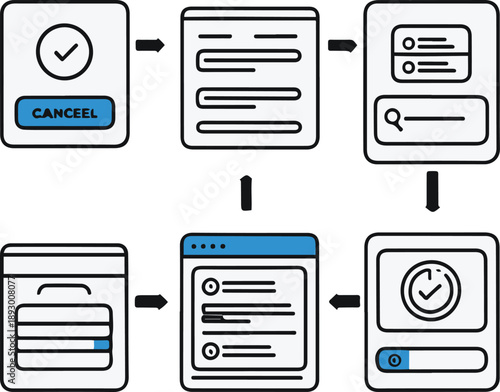  cancellation flow objects, cancel subscription button, feedback reason form, retention offer card, confirmation dialog box, account status update icon, bold black thick outline line art 1