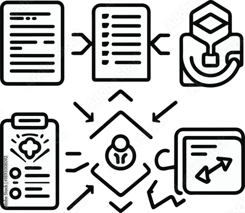 change management objects, change request form, process transition arrows, stakeholder communication note, approval checkpoint, successful change icon, bold black thick outline line art 2