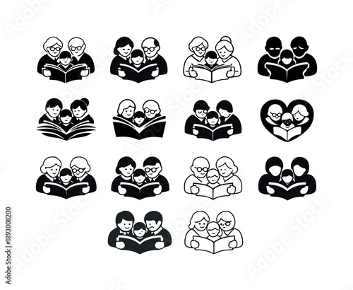 Family Connection Icons. Kids with their grandparents and elderly family members. Icon set. Set Logo of Kids with their grandparents and elderly family