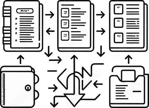 corporate policy objects, company rulebook, policy update document, approval workflow arrows, employee acknowledgment icon, policy archive folder, bold black thick outline line art