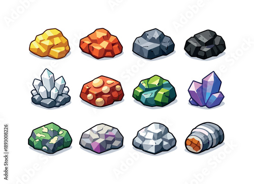 Colorful Mineral Icons. Minerals and ores. Colorful isometric vector icons set of minerals and ores: gold nugget, copper ore, iron ore chunk, coal piece,
