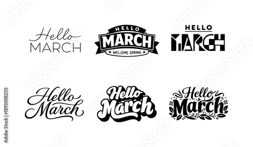 March Lettering Variations. Hello March quote lettering. Set lettering. harmonious lettering variations of the same emblematic concept, each with different