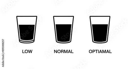 Three glasses showing low, normal, and optimal liquid levels for comparison