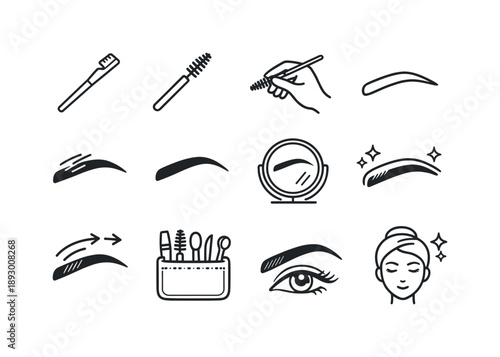 Eyebrow Grooming Icons. Brushing Eyebrows. Line icon set of Brushing Eyebrows: eyebrow brush, spoolie tool, hand holding brush, eyebrow outline, grooming