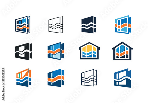 Home Insulation Logos. Home insulation and weatherproofing. Icon set. Set Logo of home insulation and weatherproofing: window with thermal seal layers.