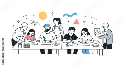 Creative Art Collaboration. Community art workshop. People learning and creating together at tables with paper, paint, and simple tools. Supportive educational