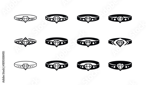 Luxury Diamond Icons. Diamond-encrusted accessories. Icon set. Set Logo of Diamond-encrusted accessories: luxury bracelet with gems. harmonious logo variations