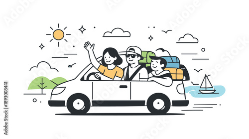 Road Trip Adventure. Spring break road trip. Friends traveling together in a car with bags and abstract scenery passing by. The scene suggests adventure,