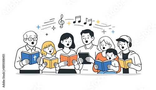 Generations in Harmony. Hymns across generations. People of different ages singing together from hymn books and screens, calm and unifying mood. Editorial