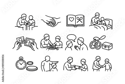 Tradition Icon Set. Passing Down Traditions. Line icon set of Passing Down Traditions: elder teaching child, generational hands connection, family recipe book,