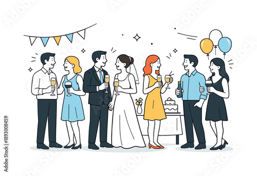 Elegant Wedding Reception. Guests at wedding reception. A simple festive space with guests talking, laughing, and holding light drinks. Relaxed elegance,