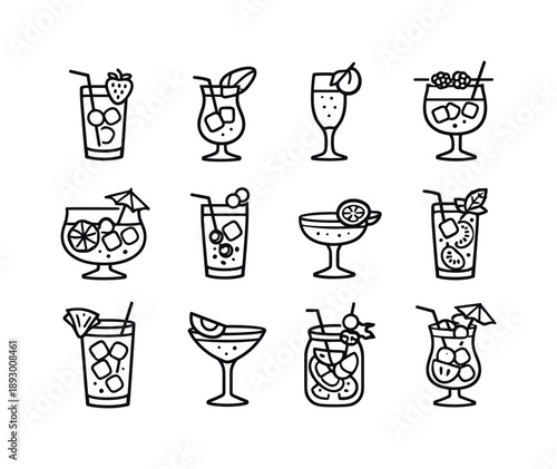 Fruit Cocktail Icons. Fruit cocktails. Line icon set of Fruit cocktails: strawberry drink, mango cooler, peach bellini, raspberry spritz, citrus punch,