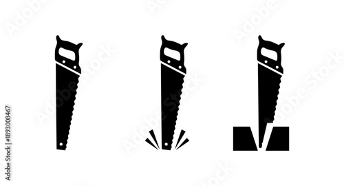 Set of three black hand saw icons illustrating cutting and woodworking actions