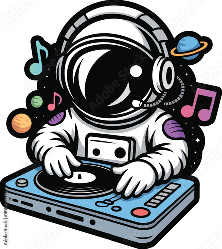 Cool DJ Astronaut Playing Music on Turntable Vector Illustration.