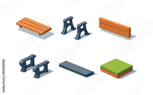 Geometric Bench Icons. Outdoor bench. Isometric flat vector icons set of outdoor bench: wooden bench seat, metal support legs, backrest panel, armrest details,