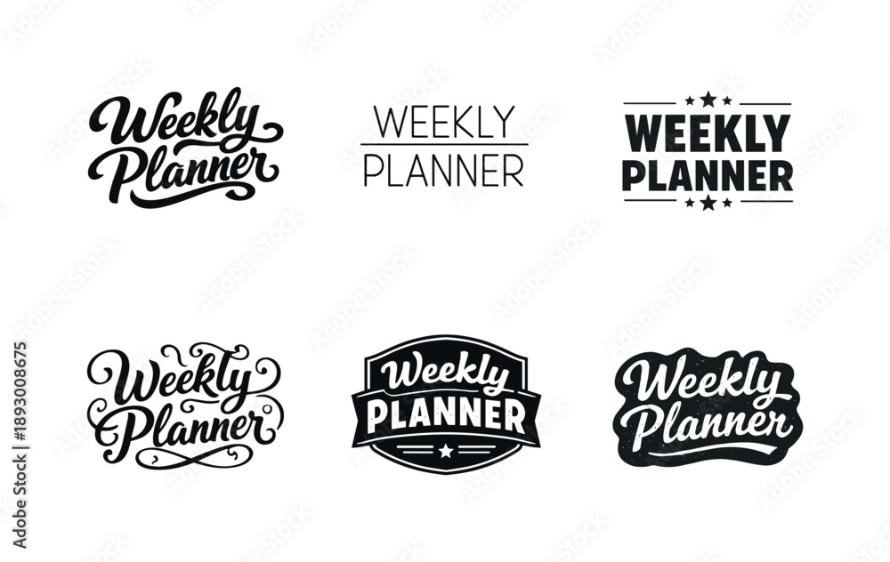 Obraz premium Weekly Planner Variations. Weekly Planner. Set lettering. harmonious lettering variations of the same emblematic concept (Bold hand-lettering with playful