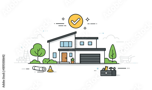 Minimalist Completed House Design. House building completion. A finished house with clean lines, surrounded by simple trees and subtle construction elements