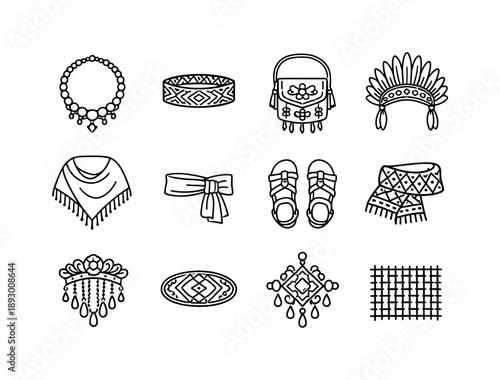 Cultural Icon Set. Cultural accessories. Line icon set of Cultural accessories: beaded necklace, woven bracelet, embroidered bag, headdress, shawl, waist sash,
