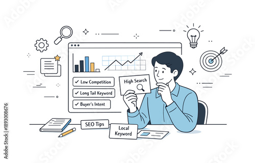SEO Keyword Planning. Keyword research process. A professional selecting keywords from cards and charts on a screen. Thoughtful and methodical SEO planning