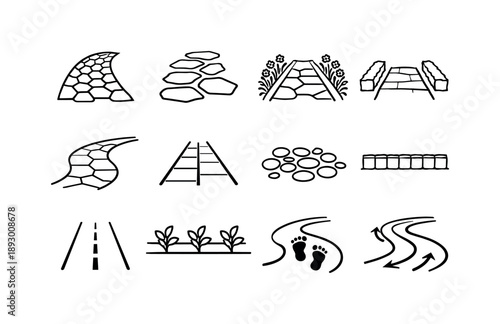 Stone Walkway Icons. Landscape stone walkway. Line icon set of Landscape stone walkway: cobblestone path, natural stone slabs, planted borders, low hedges,