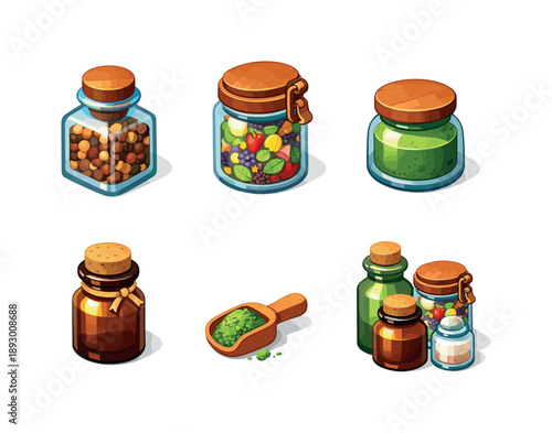 Colorful Apothecary Jars. Apothecary Jars. Isometric flat vector icons set of Apothecary Jars: vintage glass spice jar, dried botanical mix, herbal powder jar,