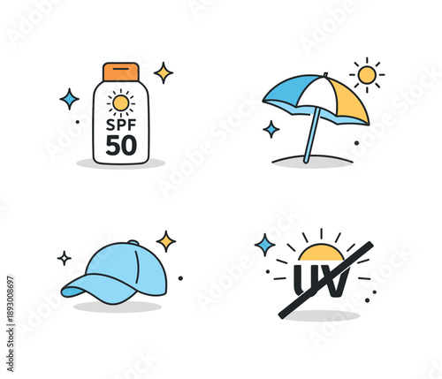 Sun Care Icons. Sun protection icons. A modern icon collection with SPF bottle, umbrella, cap, and UV rays crossed out, visually explaining sun care in a