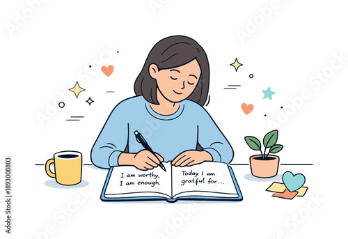 Self-Compassion Journaling. Self-compassion journaling. Individual writing affirmations or gratitude notes in a notebook, emphasizing personal growth and