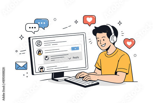 Social Media Engagement. Social media engagement. Creator replying to comments on a screen, happy expression, floating icons of messages and likes around.