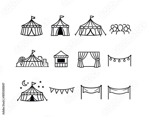 Circus Tent Icons. Big Top Tent. Line icon set of Big Top Tent: striped circus tent, tent entrance, flag on top, side flaps, tent ropes, audience view from
