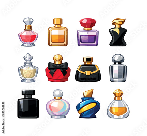 Luxury Perfume Collection. Luxury Perfume Bottles. Colorful flat vector icons set of Luxury Perfume Bottles: crystal stopper bottle, gold-trimmed bottle,