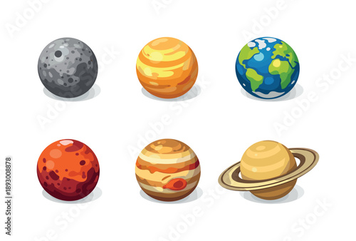 Solar System Icons. Solar System. Isometric flat vector icons set of Solar System: Mercury model, Venus model, Earth model, Mars model, Jupiter model, Saturn