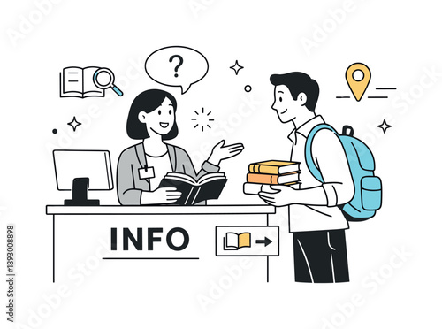 Library Assistance Scene. Library visitors at info desk. A friendly librarian helping a visitor with books or directions, warm interaction. Highlighting