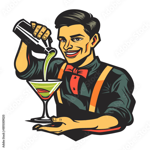 Smiling cartoon man standing and holding a glass of wine in a fun vector illustration