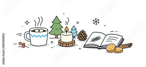 Winter Editorial Table. Cozy winter table. A minimal arrangement of seasonal props on a tabletop, soft shadows and open space creating a peaceful editorial