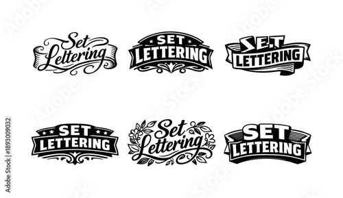 Harmonious Lettering Styles. Decorative scroll banner lettering. Set lettering. harmonious lettering variations of the same emblematic concept, each with