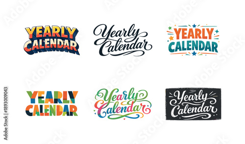 Creative Lettering Grid. Yearly Calendar Header. Set lettering. harmonious lettering variations of the same emblematic concept, each with different artistic