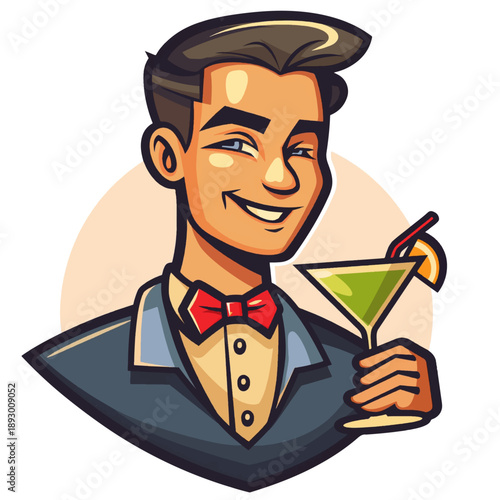 Smiling cartoon waiter in a suit, holding a glass like a waiter in a retro vector illustration