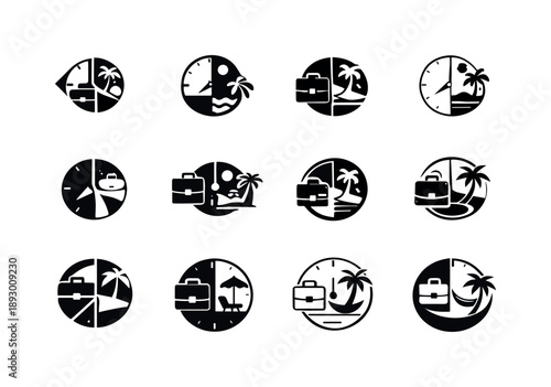 Work-Life Balance Icons. work-life balance. Icon set. Set Logo of work-life balance: clock half work half leisure. harmonious logo variations of the same