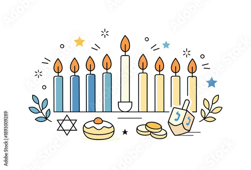 Elegant Hanukkah Decorations. Hanukkah candle decorations. A decorative arrangement of candles, stars, and simple festive elements placed neatly together. The