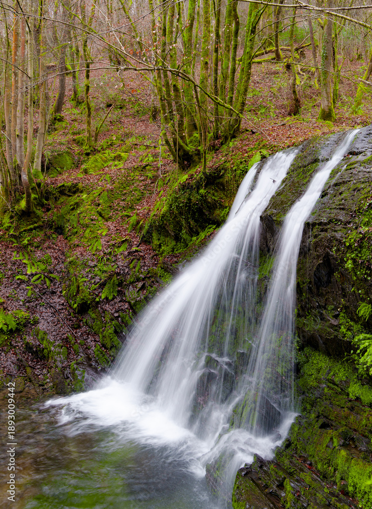 Obraz premium The Matxaingo ur-salto waterfall in Areso cascades down rocks and moss. The long exposure turns the water into white silk, capturing the natural peacefulness of Navarre.