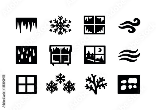 Frosty Window Icons. Frosty window. Solid icon set of frosty window: icy glass, snowflake pattern, frosted pane, cold breath marks, window condensation, frozen